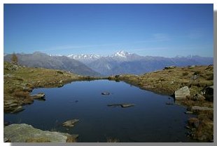 Un microlaghetto all'alpe Olano e, sullo sfondo, il monte Disgrazia. Foto di M. Dei Cas